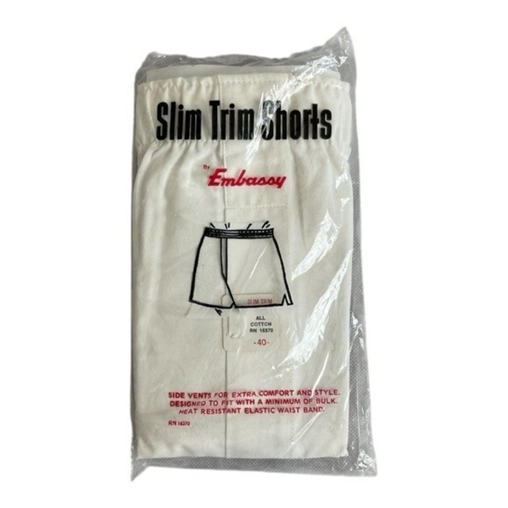Vintage 80s Embassy Slim Trim White Cotton Boxer Shorts Heat Resistant Waist 40